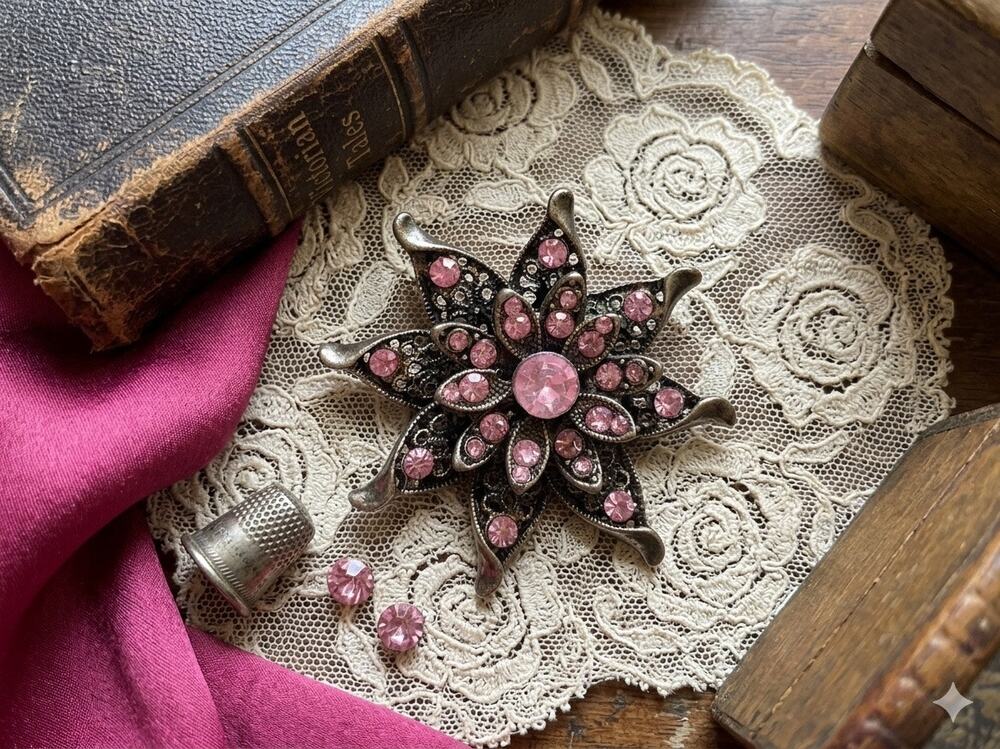 Vintage Victorian Revival Pink Rhinestone Flower Brooch